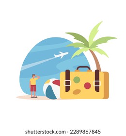 Cartoon character of young man spending time discovering new places. Male tourist with luggage relaxing in warm country. Time for summer holidays. Vector
