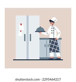 Cartoon character of young man in uniform holding plate with dish. Professional chef at work. Time for cooking. Concept of commercial food industry. Vector