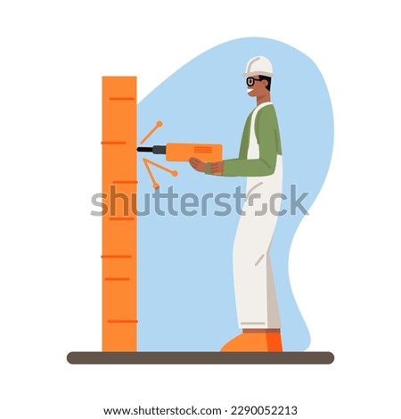 Cartoon character of young man using drill when building new house. Making home repair. Process of house renovation. Professional framing contractor. Vector