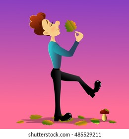 Cartoon character of young man walking on autumn fallen leaves. The autumn season.  Isolated on purple background. Vector Illustration