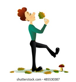 Cartoon character of young man walking on autumn fallen leaves. The autumn season.  Isolated on white background. Vector Illustration