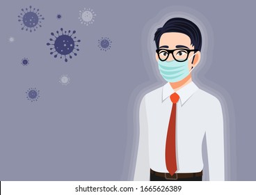 Caricatura con un joven con mascarilla médica en la cara para prevenir enfermedades. Coronavirus. Ilustración de vectores en un estilo plano