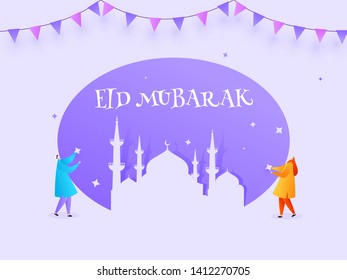 Cartoon character of young man and woman decorating the mosque from star for Eid Mubarak Festival celebration.