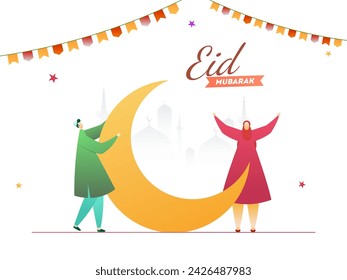 Cartoon Character of Young Man and Woman with Crescent Moon, Silhouette Mosque and Bunting Decor for Eid Mubarak, Islamic Festival Celebration.