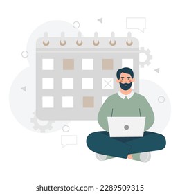Cartoon character of young man working on laptop and managing his time. Planning working schedule using calendar. Process of developing effective time management strategy. Vector