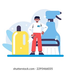 Cartoon character of young man working in dry cleaning services. Small business startup owner. Time for professional cleaning using detergents. Vector