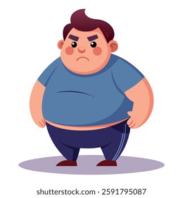 Cartoon Character of a Young Overweight Boy in a Blue T-Shirt, Standing with an Angry Expression and a Determined Stance, Illustrating Self-Confidence Despite His Weight