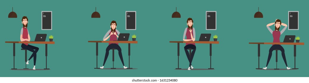 Cartoon character Young people on work day, freelance work, expression of emotions, gestures in life
.isolated.Cartoon character animation set for your motion design