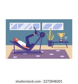 Cartoon character of young strong man doing sports exercises. Time for workout with sportive equipment at home. Maintaining healthy body. Training and keeping fit. Vector