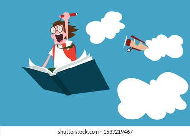 Cartoon character young student happy and excited going back to school after long break, fantasy elementary, pupil fly on book in the sky.