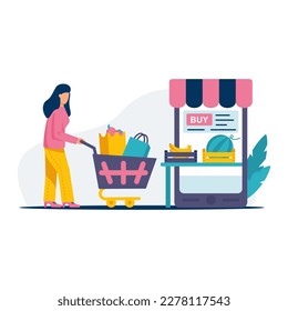 Cartoon character of young woman buying groceries via mobile app. Process of ordering food and other products during online shopping. Online grocery shopping. Vector