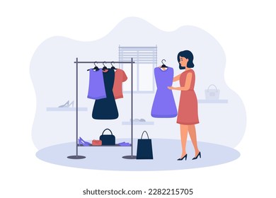 Cartoon character of young woman choosing new dress in fashion boutique. Modern consumer society. Making purchases from sale in clothing store. Vector