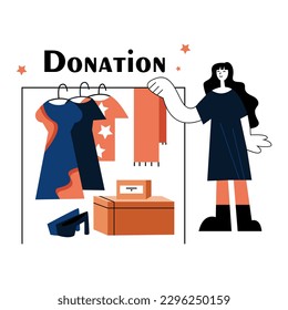 Cartoon character of young woman collecting clothing for charity. Female volunteer organization representative. Humanitarian aid for needy people. Vector