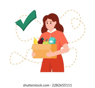 Cartoon character of young woman delivering groceries. Food delivery services. Process of safe delivering fresh fruits and vegetables to doorstep. Vector