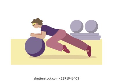 Cartoon character of young woman doing exercises with fitball. Active and healthy lifestyle. Doing morning training alone. Time for sports exercises. Vector