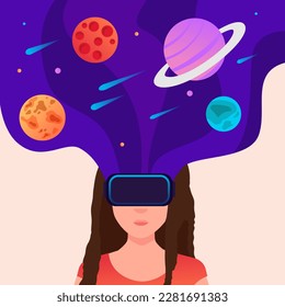 Cartoon character of young woman experiencing virtual reality simulation. People in VR headsets. Entertainment and visual experience. Idea of future innovations. Vector