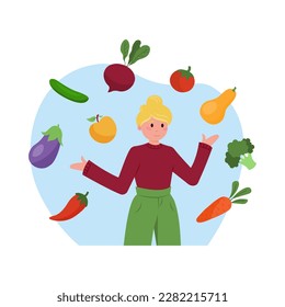 Cartoon character of young woman getting vitamins from fruits and vegetables. Benefits of healthy food. Fresh organic products. Supporting vegetarian diet. Vector