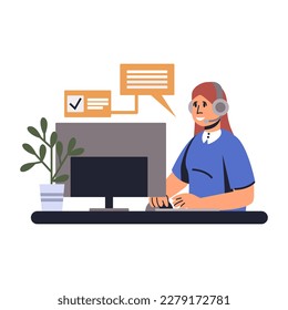 Cartoon character of young woman in headset working as telemarketing agent. Hotline operator adviser. Customer support department staff. Online technical support. Vector