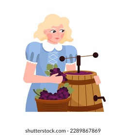 Cartoon character of young woman making natural wine. Winemaking process with organic grapes. Time for making alcohol drinks. Wine production industry. Vector