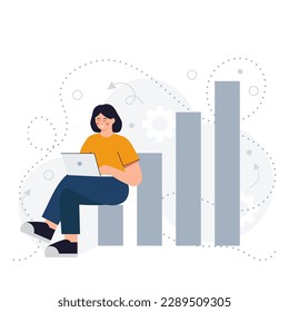 Cartoon character of young woman managing her time when working. Showing good productivity performance. Successful time management strategy. Career goals achievement. Vector
