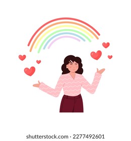 Cartoon character of young woman participating in lgbt pride. People visiting pride parade against discrimination. Supporting equality and homosexuality. Vector