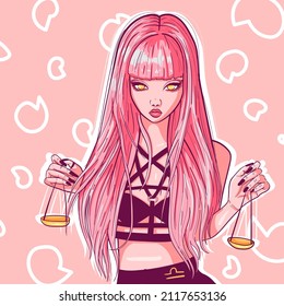 Cartoon character of a young woman with pink hair holding a balance in her hands. Conceptual art of libra zodiac sign with astrological and magical outfit. Vector of an air autumn sign.