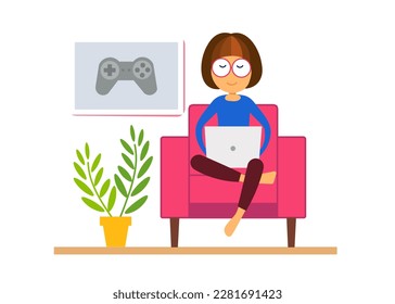 Cartoon character of young woman playing video game using laptop. Pretty lady having fun alone. Recreation and leisure time at home. Cybersport pro gamer. Vector