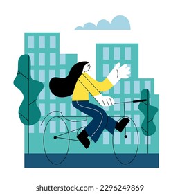 Cartoon character of young woman using bike. Concept of eco friendly transportation in city. Usage of modern green electric vehicle and outdoor activities. Vector
