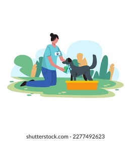 Cartoon character of young woman from volunteering organization washing homeless dog. Goodness, mercy, hope and love. Charity and assistance for pets. Vector
