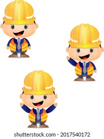 personaje de caricatura joven trabajador de la construcción con traje de seguridad y casco