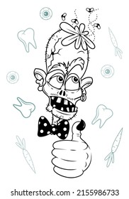 Cartoon character. Zombies in the background. Gentleman with bow tie. Thumbs up. Background from elements.