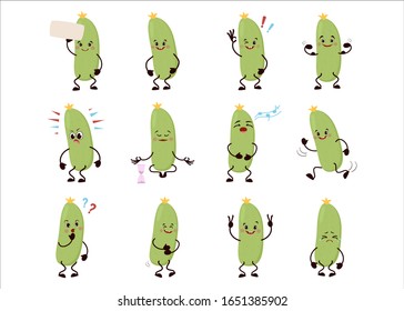 Cartoon character zucchini, cabbage. Cute animation set. Vector illustration.
