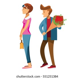 cartoon character,Couple of lovers on a date, young man back who is holding red rose 