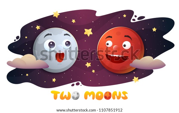 Cartoon characteres Mars and Moon on starry\
background. Vector\
illustration