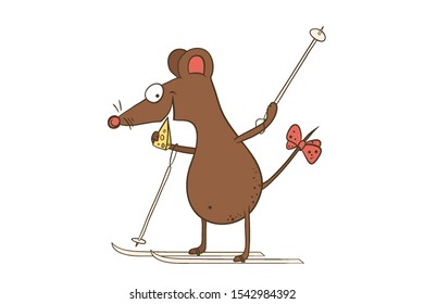 cartoon character-funny mouse goes skiing with a piece of cheese-the symbol of the year of the rat on the Chinese calendar