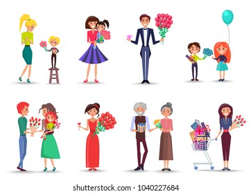 Cartoon characters of all ages celebrate International Women's day with family isolated vector illustrations set on white background.
