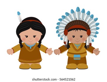 Cartoon characters of American Indians, man and woman in national dress. Vector illustration