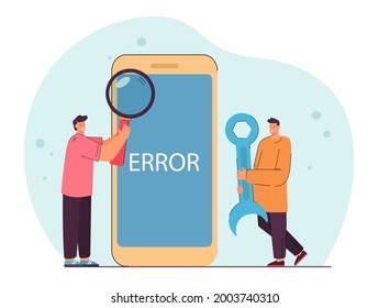 Cartoon characters analyzing error on huge smartphone. Man holding magnifier, person with wrench flat vector illustration. Programming, software development concept for website design or landing page