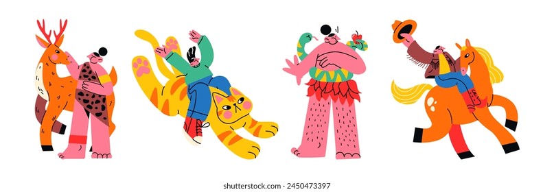 Cartoon characters with animals. Abstract doodle illustration of mascots. Cowboy, aboriginal, cat, tiger, prehistoric man. Retro groovy people in the environment