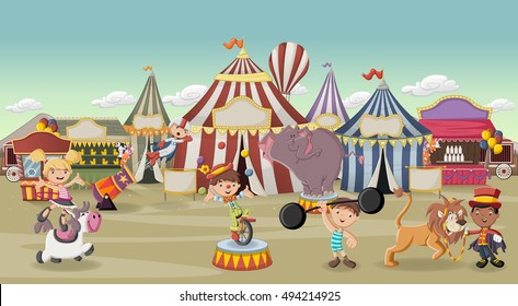 Cartoon characters and animals in front of retro circus with tents. Vintage carnival background with children.
