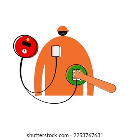 Cartoon-Zeichen der Anwendung einer AED-Pads auf nicht reagierende Patienten Brust.