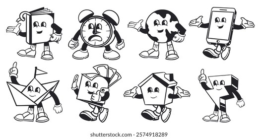 Cartoon characters with arms and legs: book, clock, globe, phone, boat, gift, house, letter. Fun, playful, animated. Variety of objects with faces and limbs. Cute cartoon elements, vector set.