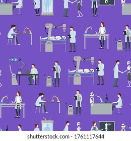 Cartoon Characters Artificial Intelligence Scientists Seamless Pattern Background Include of Robot, Computer, Element Laboratory, Machine and Cyborg. Vector illustration