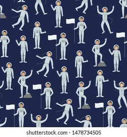 Cartoon Characters Astronauts Person in Different Pose Seamless Pattern Background Space Concept Element Flat Design Style. Vector illustration of Cosmonaut
