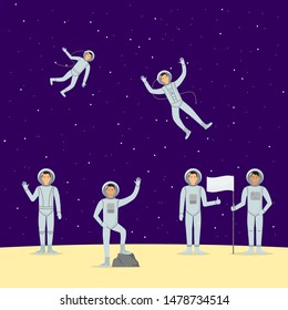 Cartoon Characters Astronauts Person in Different Pose Standing in Planet Space Concept Element Flat Design Style. Vector illustration of Cosmonaut