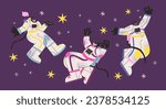 Cartoon characters astronauts in spacesuits in outer space zero gravity.Weightless man in outer space.cosmonaut characters spaceman	