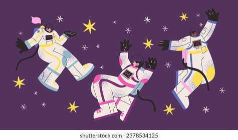 Cartoon characters astronauts in spacesuits in outer space zero gravity.Weightless man in outer space.cosmonaut characters spaceman	