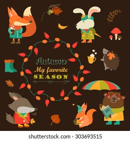 Cartoon characters and autumn elements. Vector collection