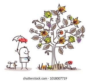 Cartoon Characters and Autumn Tree