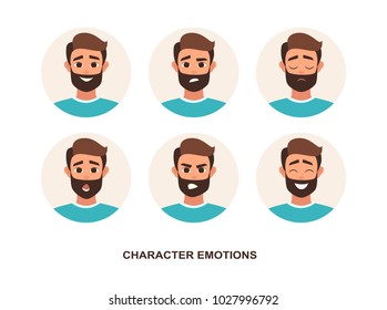 Cartoon Characters avatars emotion. Set of avatars with character facial expressions including surprise, happiness, anger, smirk, grin cartoon style vector illustration of isolated layers on a white